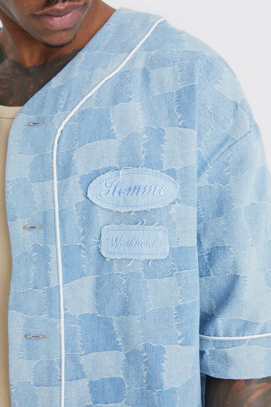 Patchwork Jacquard Baseball-Jeanshemd