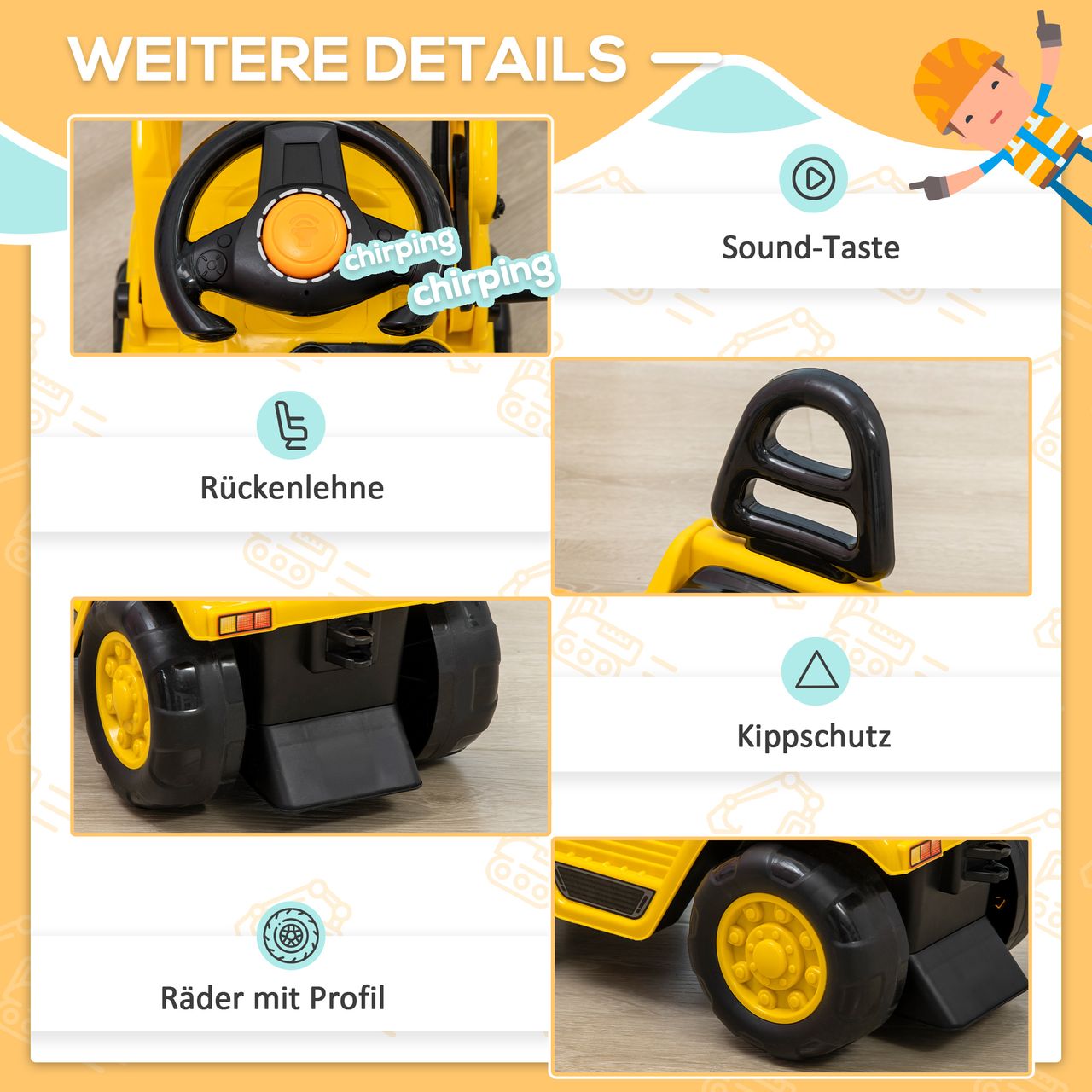 HOMCOM Sitzbagger Aufsitzbagger mit Schaufel, Hupe, für Kinder 3-4 Jahre
