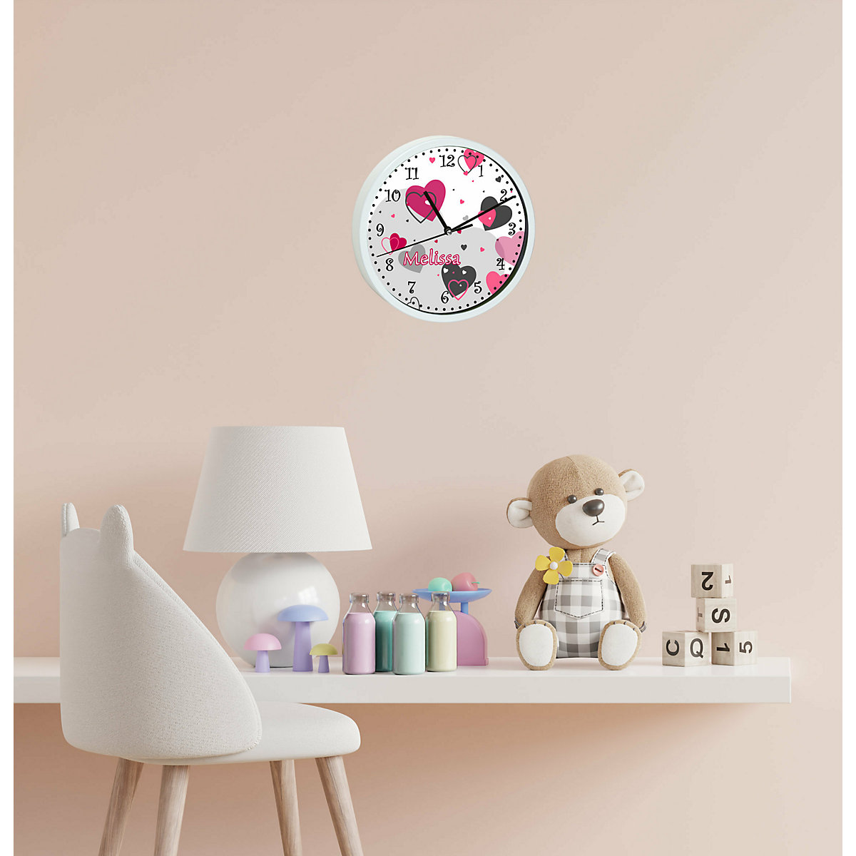 Kinder Wanduhr personalisiert mit Name Herz Rosa Grau