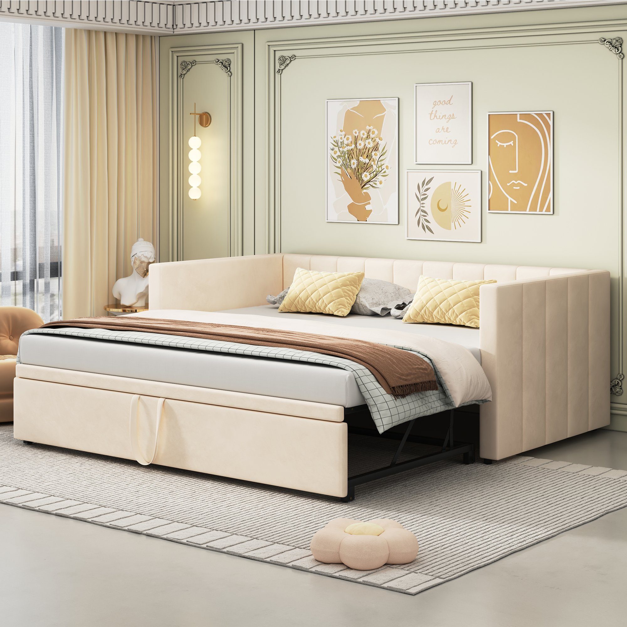 WISHDOR Polsterbett Funktionsbett Doppelbett Schlafsofa Kinderbett Bett 90/180*200 cm (Multifunktionsbett aus hautfreundlichem Samtstoff, Ausziehbares Schlafsofa mit Lattenrosten), ohne Matratze