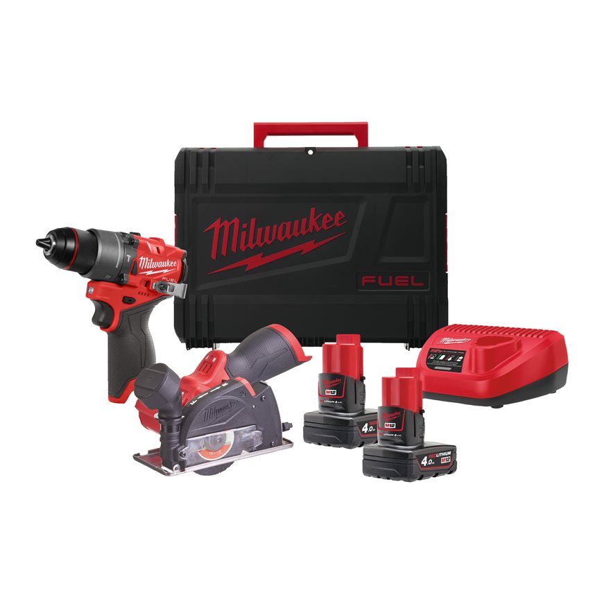 Milwaukee 4933480592 M12 FPP2G2-402X Powerpack Taladro de impacto M12 FPD2 + Amoladora M12 FCOT 12V 4.0Ah en caja reforzada 4933480592