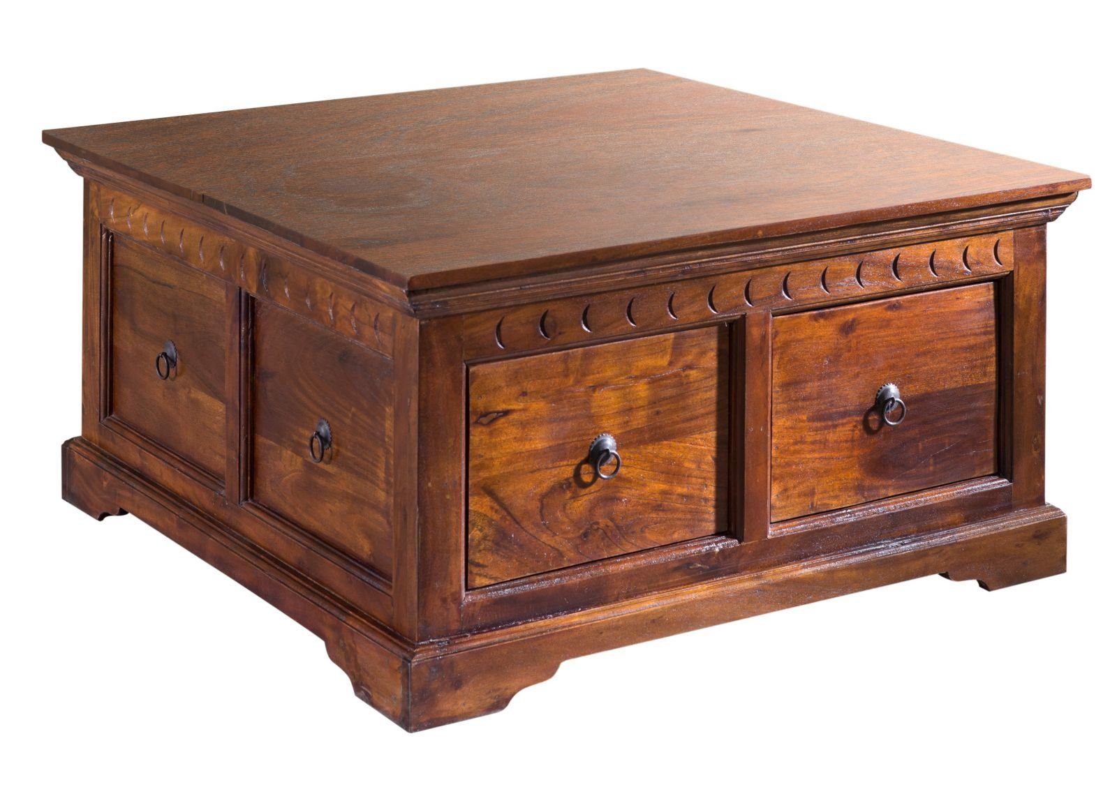 Massivmoebel24 Truhe OXFORD (Holztruhe, Holzkiste mit Deckel, Aufbewahrungstruhe für Stauraum aus Massivholz, 90x90x45 Akazie, Truhe aus massiven Akazienholz im Landhausstil), hochwertiges Edelholz,aufwendige Schnitzereien