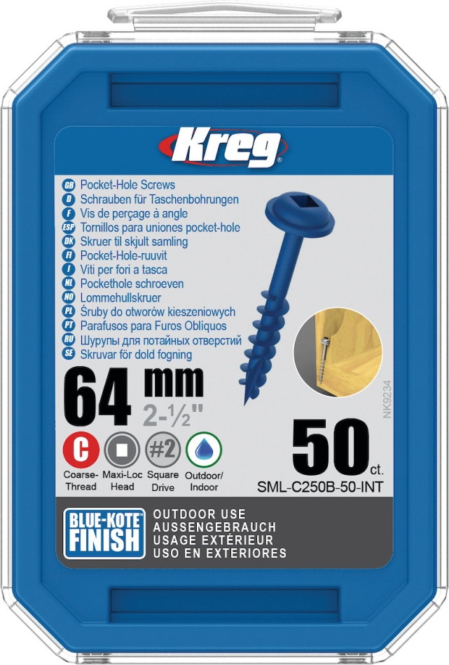 Tornillos Kreg SML-C250B-50-INT para uniones ocultas, 64 mm, Blue-Kote Maxi-Loc, rosca gruesa, 50 unidades.