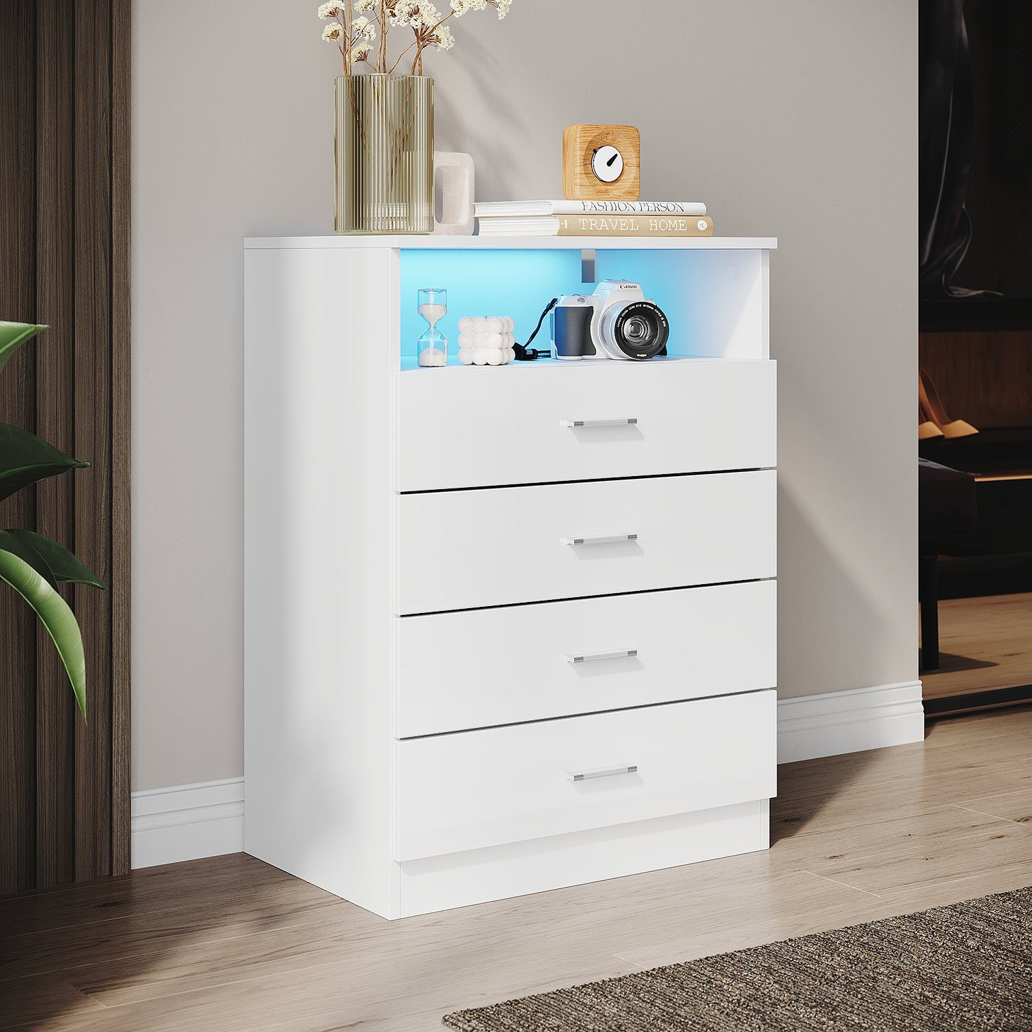 SONNI Kommode kommode Weiß,4 schubladen und offene Fächer, 60x40x83cm, Schlafzimmer Flur, Schrank, Sideboard, Highboard, mit led beleuchtung