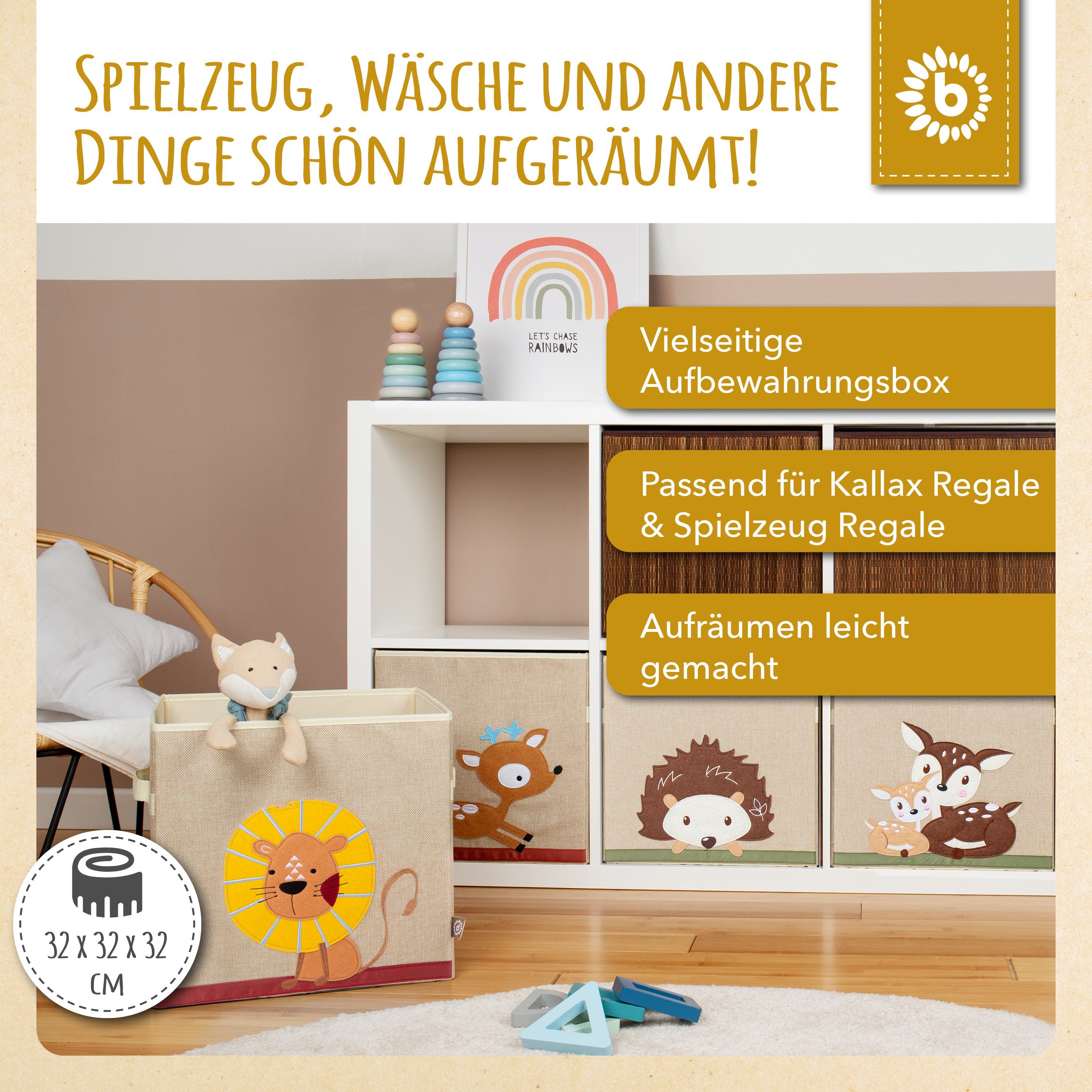 BIECO Spielzeugtruhe Bieco Aufbewahrungsbox Kinder Löwen Motiv ca. 36L faltbar Süße Spielzeug Kiste für Kallax Regal Aufbewahrungsbox 33x33x33 Kallax Boxen für Spielzeug Aufbewahrung Storage Box Kallax