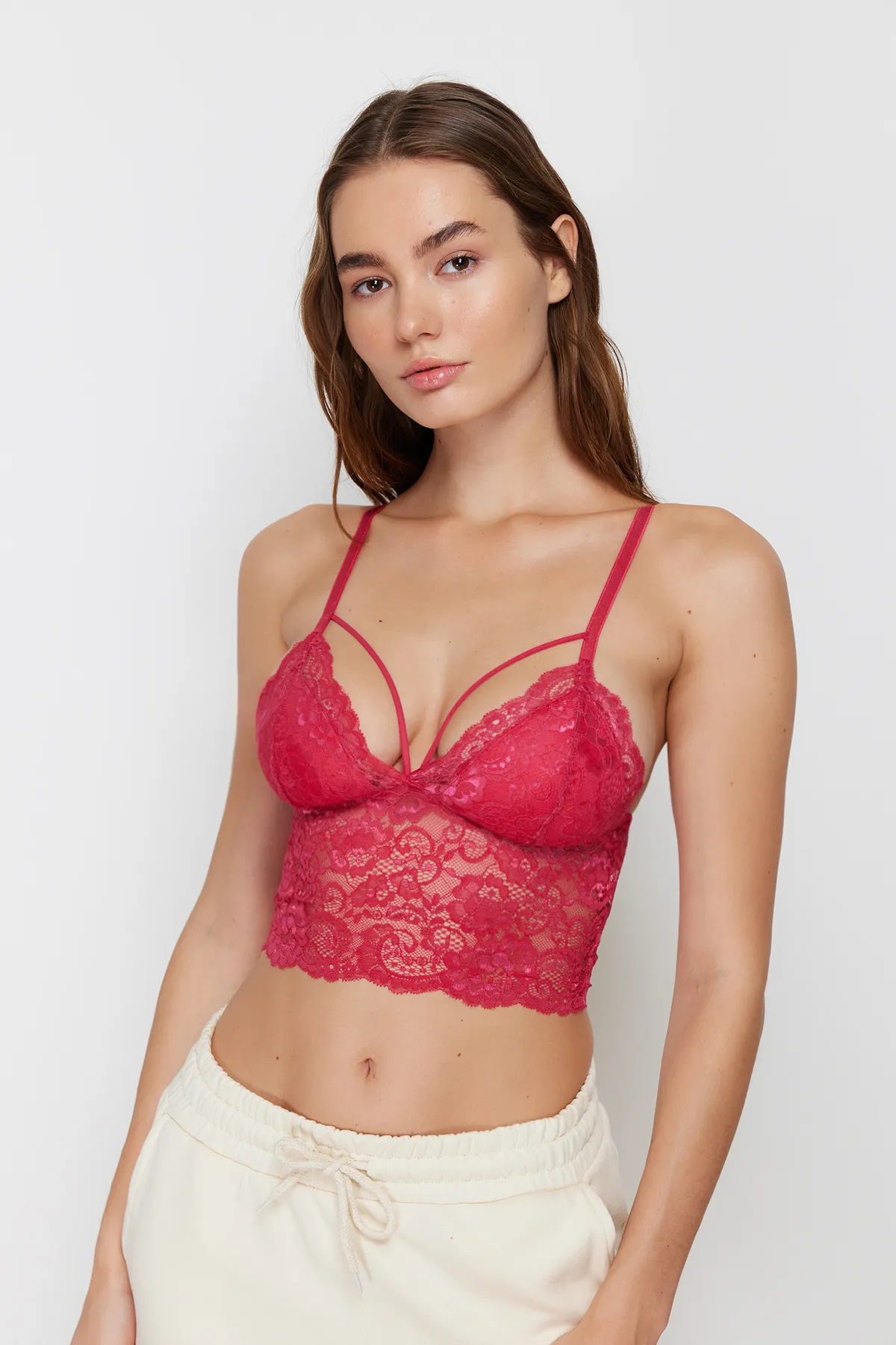 Trendyol Collection  Rosa gerüschtes dreieckiges Strick-Bustier mit Paspelierung und Riemen THMAW21SU0050
