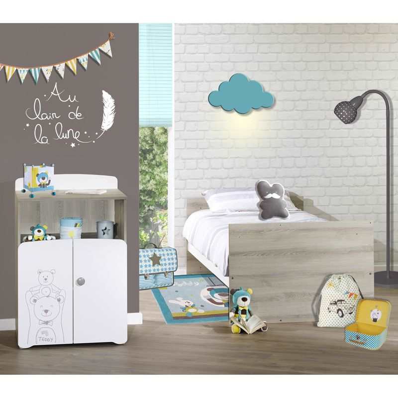 Lit bébé combiné évolutif 120x60 en 90x190 sérigraphié taupe Teddy