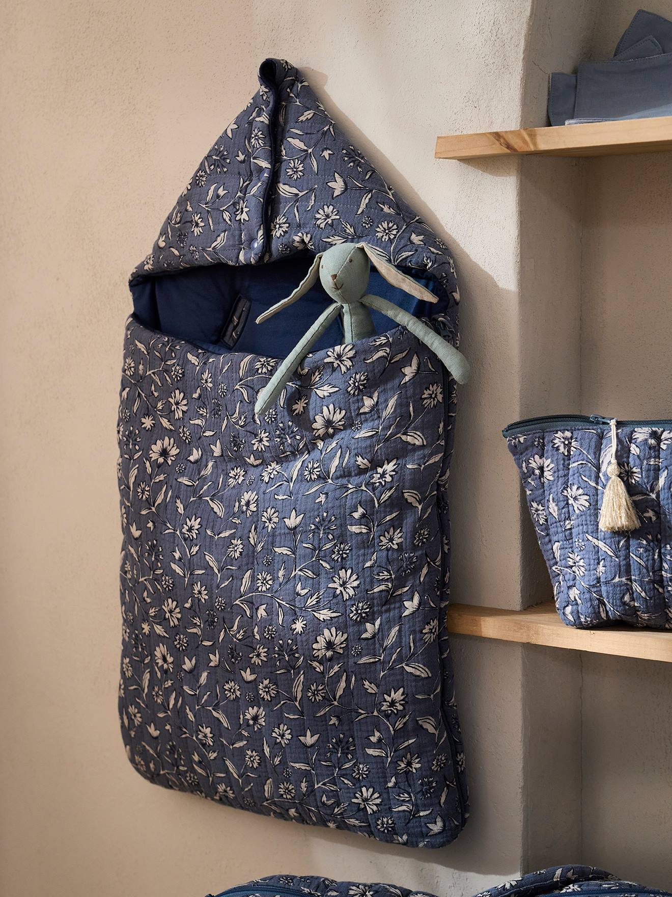 Vertbaudet Baby Ausfahrsack, Musselin Oeko-Tex, personalisierbar - blau indien blume