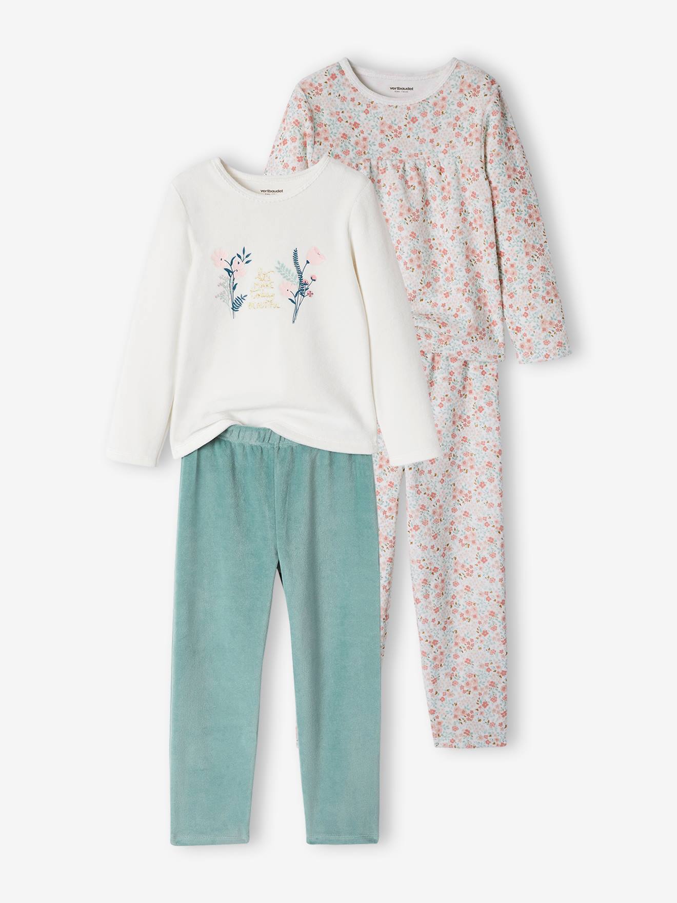 Vertbaudet 2er-Pack Mädchen Schlafanzüge aus Samt, Blumen - beige