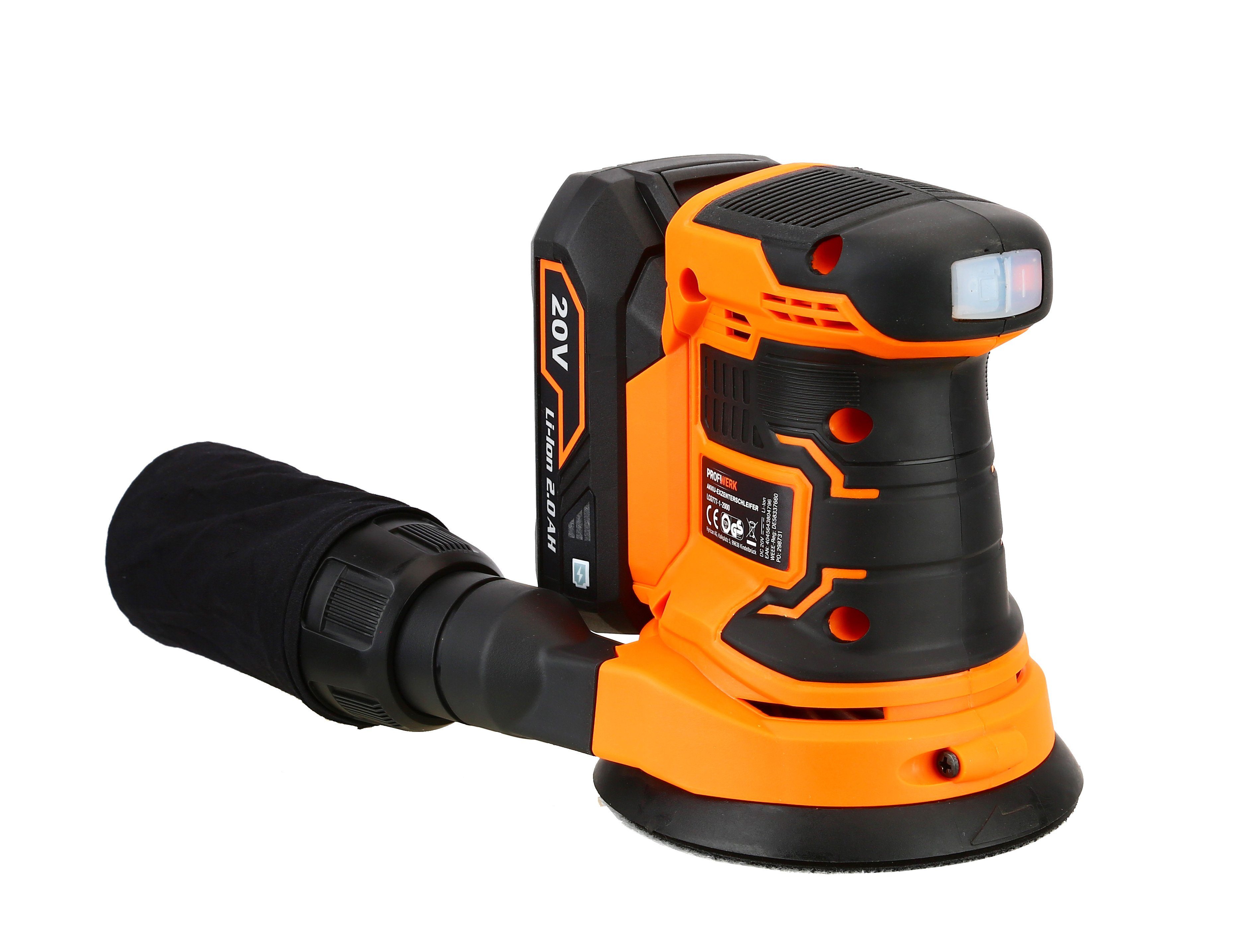 Profiwerk Akku-Exzenterschleifer PWES-01-Kit 20V, 125 mm, 2,0Ah Akku, Netzteil, max. 10000 U/min