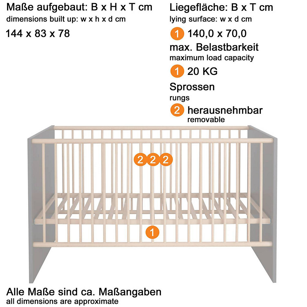 Babymöbel Kombination mit Wickelkommode MANISA-19 in Grau mit Absetzungen in Buche massiv
