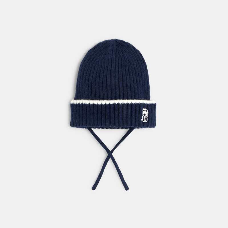 Bonnet maille tricot broderie animal bleu bébé garçon