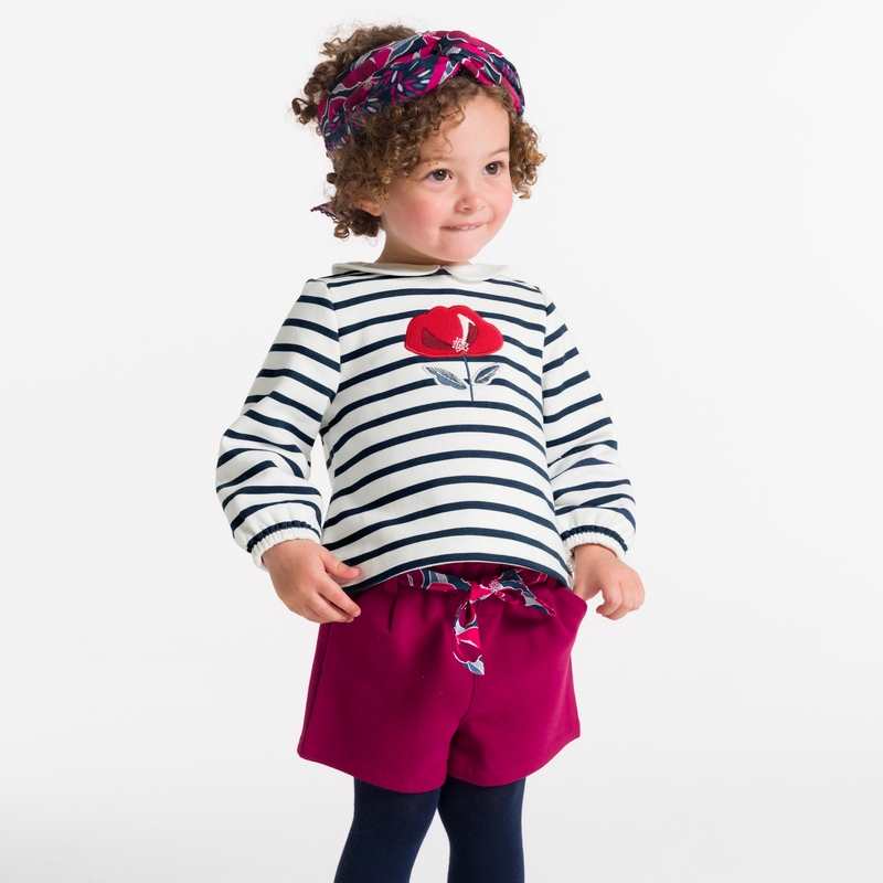 Sweat molleton rayé fleur brodée blanc bébé fille