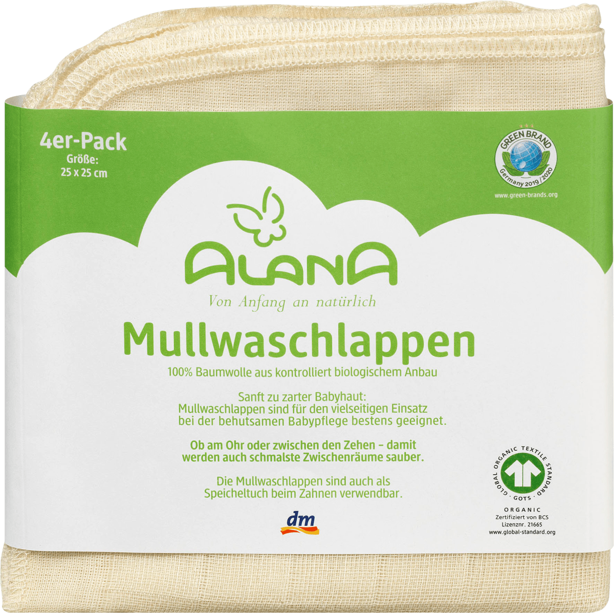 Mullwaschlappen, natur, ca. 25 x 25 cm, 4 St