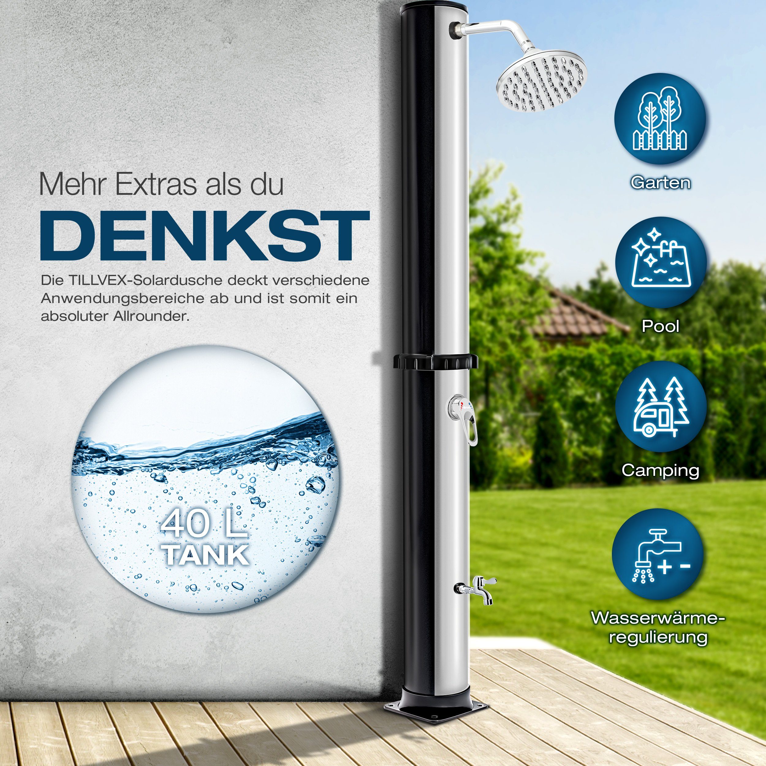 tillvex Solardusche 40 Liter inkl. Schutzhaube Solar Garten-dusche (mit Wasserhahn und Regenduschkopf Gartenschlauch-Anschluss), warmes Wasser Pooldusche Camping, ohne Stromanschluss
