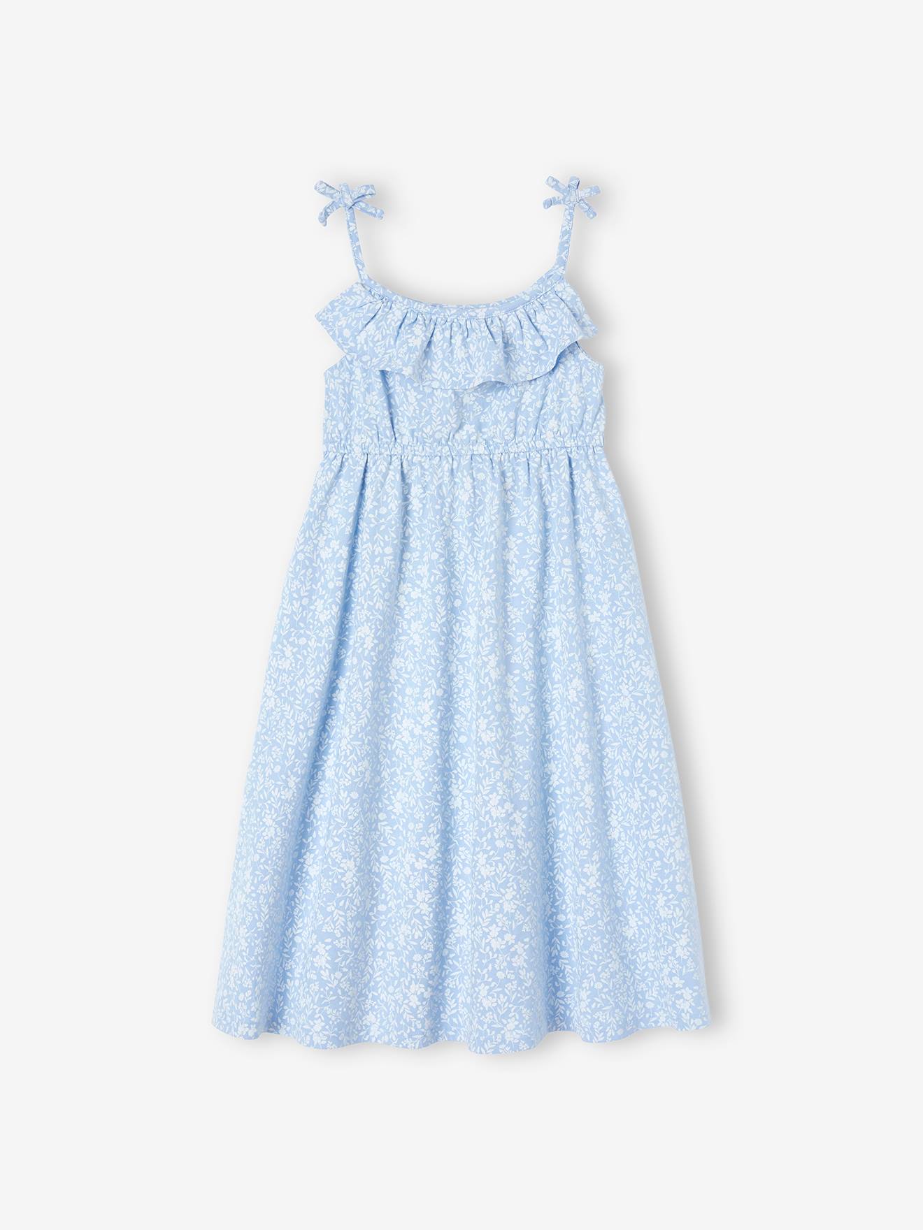 Robe mi-longue à bretelles imprimée fleurs fille framboise