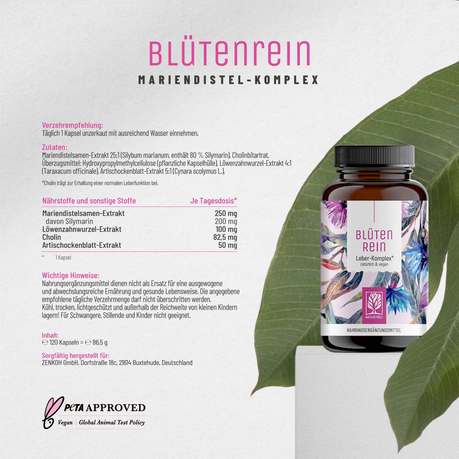 Komplex mit Mariendistel (Silymarin). Artischocke. Löwenzahn und Cholin - Blütenrein - NATURTREU®