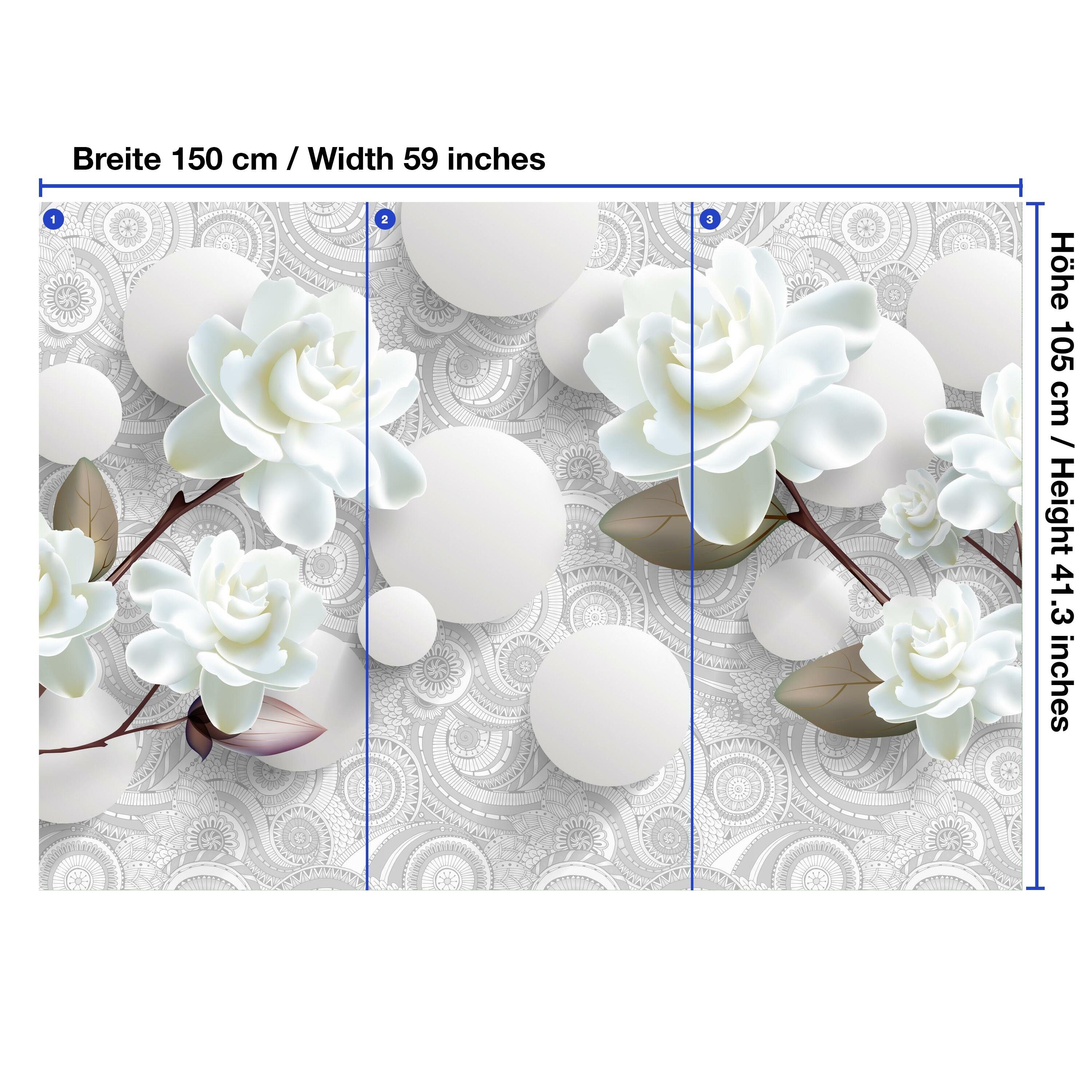 wandmotiv24 Fototapete Blumen 3D Optik Kreise weiß, glatt, Wandtapete, Motivtapete, matt, Vliestapete