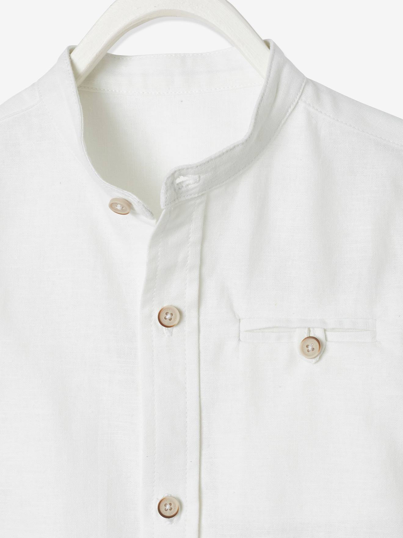 Chemise col Mao garçon en coton/ lin manches courtes blanc