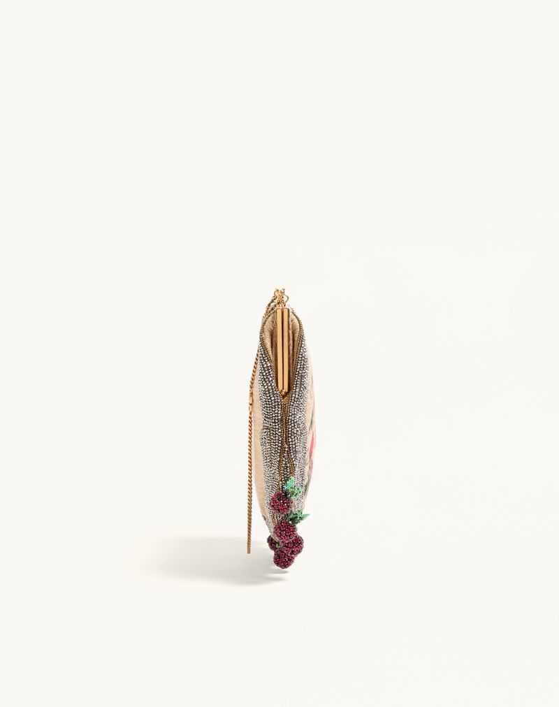 Valentino Garavani Nellcote Fairytales Raffia Jacquard og Perlebesat Kirsebærfarvet Clutch