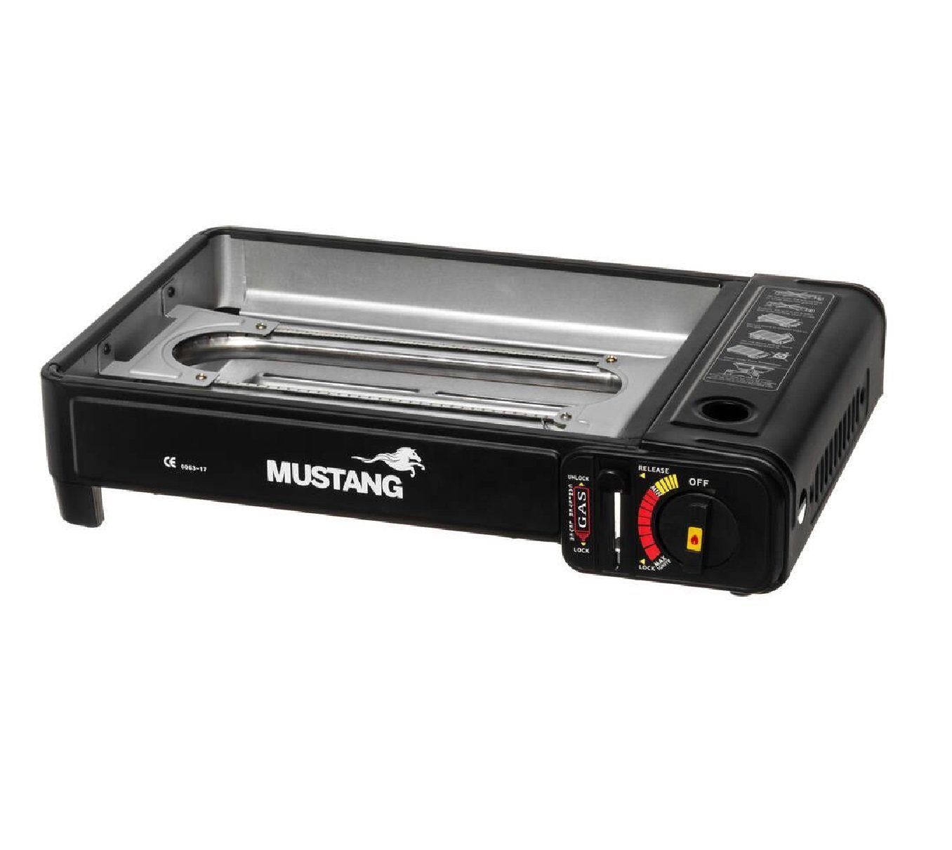JUNG Gaskocher MUSTANG mobiler Campingkocher Gaskocher &Gasgrill inkl 4 Gaskartuschen, (2 in 1 Gaskocher, Extra groß, praktischer Transportkoffer), mit Piezo-Zündung, Extra groß - 43x28x11,2cm, mit Grillrost