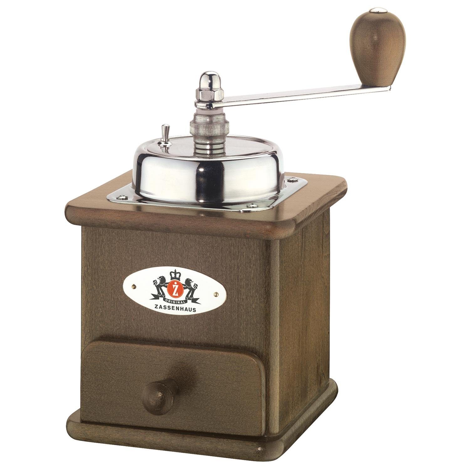 ZASSENHAUS Kaffeemühle Brasilia Buche dunkel gebeizt, Kegelmahlwerk, 50 g Bohnenbehälter, Handmühle Handkaffeemühle manuell, Mahlgrad stufenlos einstellbar