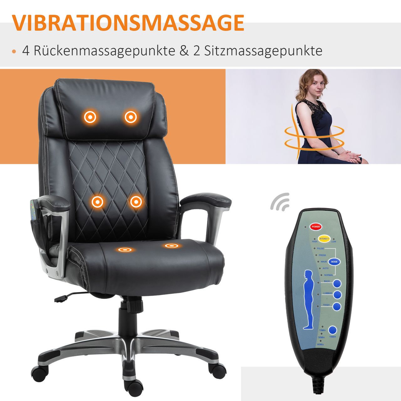 Vinsetto Massage-Bürostuhl mit 6-Punkt-Massage - Schwarz, ca. 70 x 76,5 x 114-124 cm