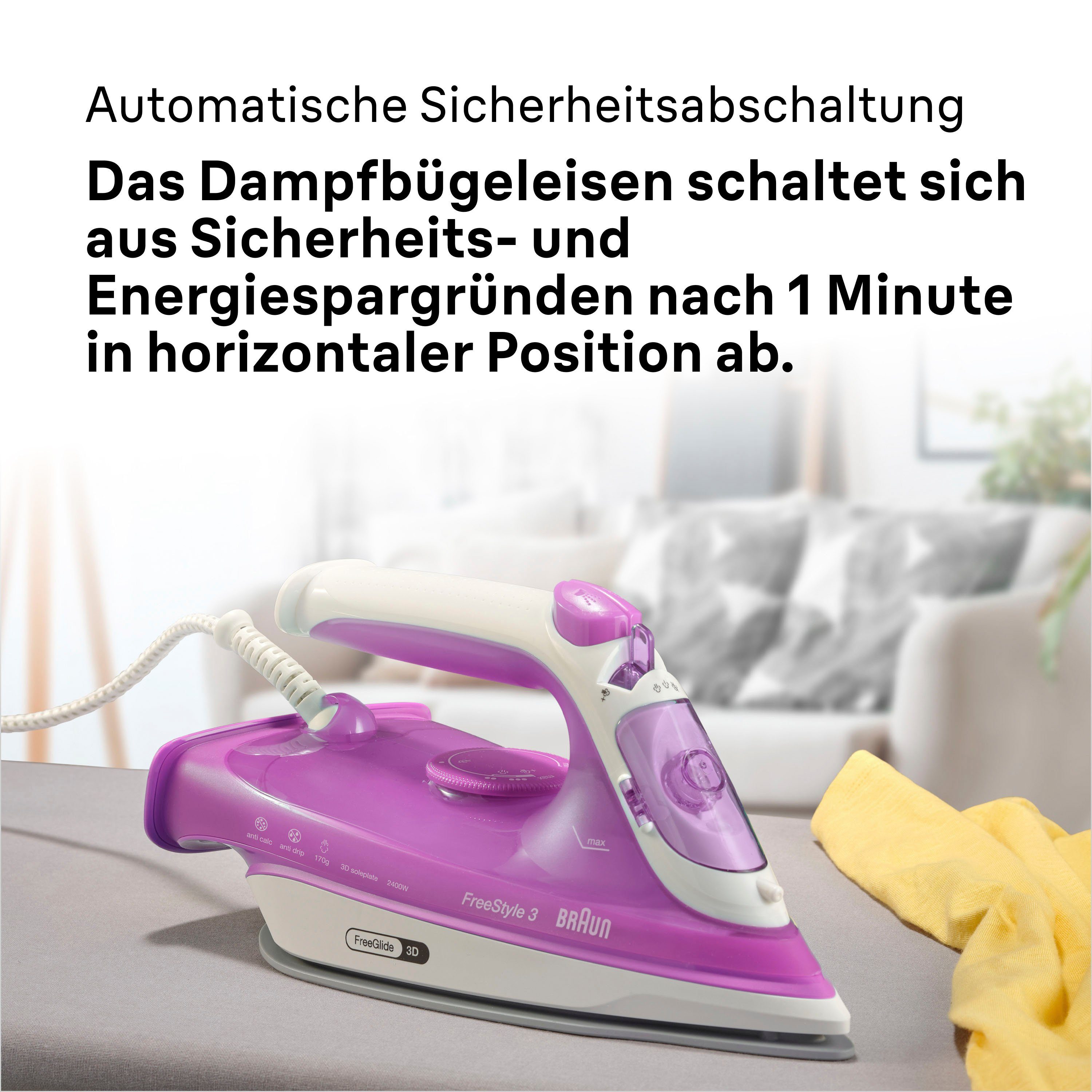 Braun Dampfbügeleisen Braun FreeStyle 3 FI 3124 PU Dampfbügeleisen Weiß/Lila, 2400 W