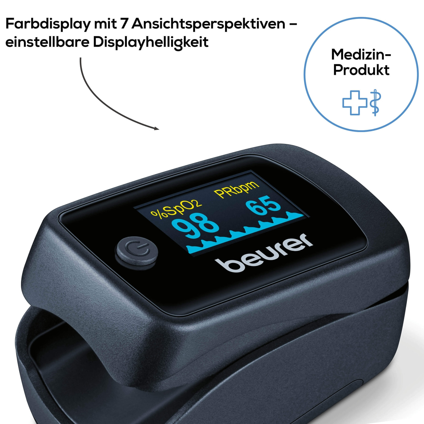 Beurer Pulsoximeter PO 45-Pulsoximeter zur Messung von Sauerstoffsättigung, Herzfrequenz & Durchblutungswert