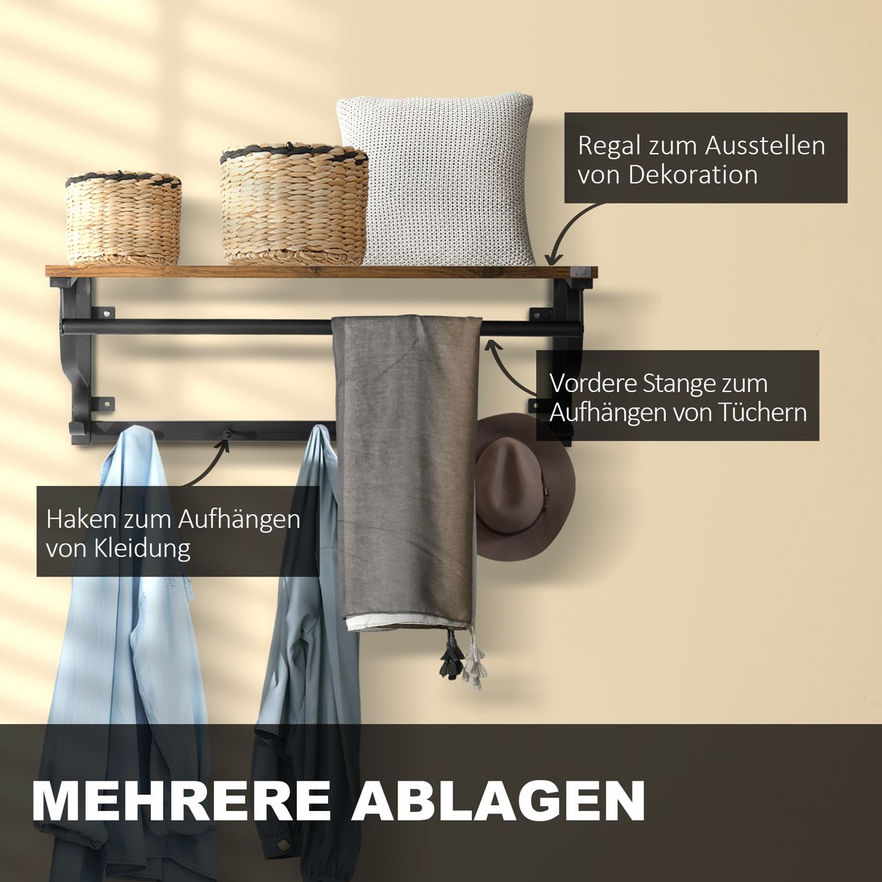 HOMCOM Wandregal Hängeregal mit 5 Haken Garderobenregal für Wohnzimmer Badezimmer Industrial Stil Stahl Holz Braun Schwarz 66 x 30 x 27 cm