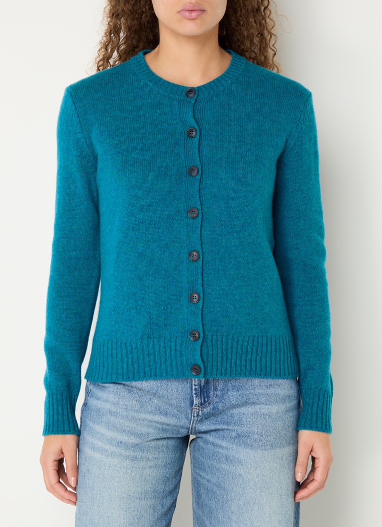 Cardigan Benetton cu guler rotund, confecționat din lână fină.
