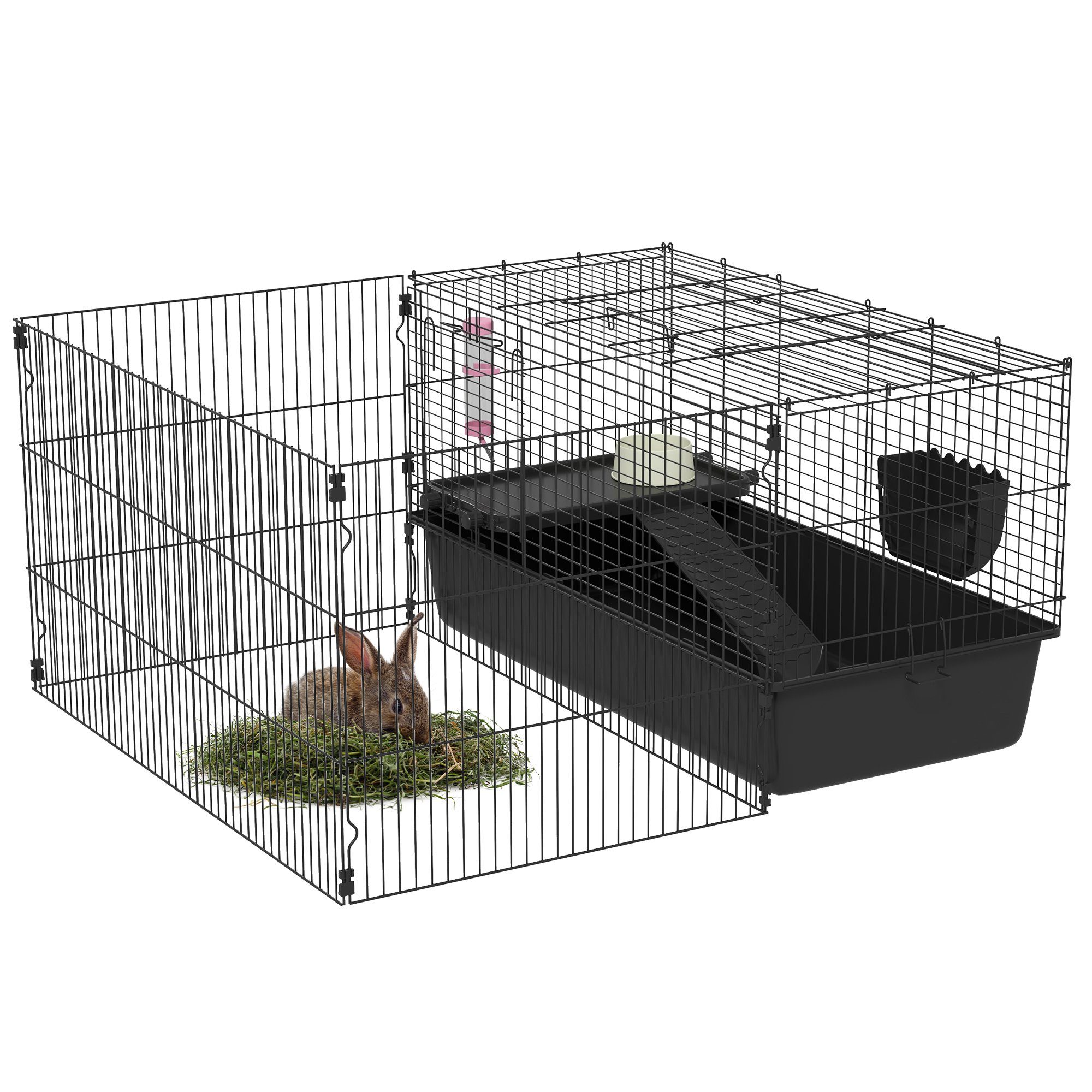 PawHut Kleintierkäfig Kleintierkäfig Nagerkäfig mit Zubehör Kleintierstall Stahl Schwarz, 112.5L x 99B x 54Hcm