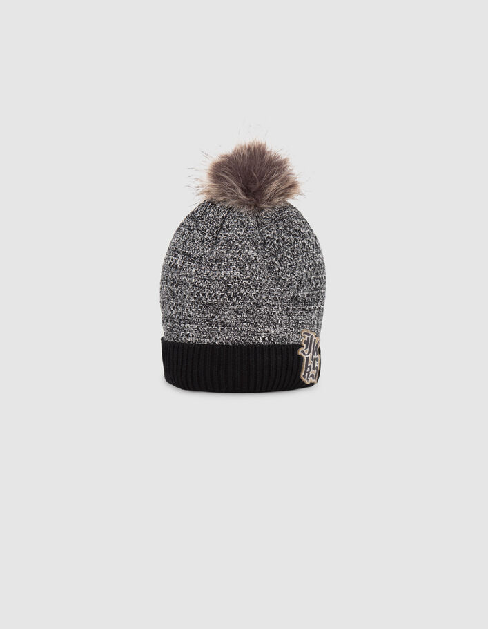 Bonnet noir tricot chiné badge logo bébé garçon