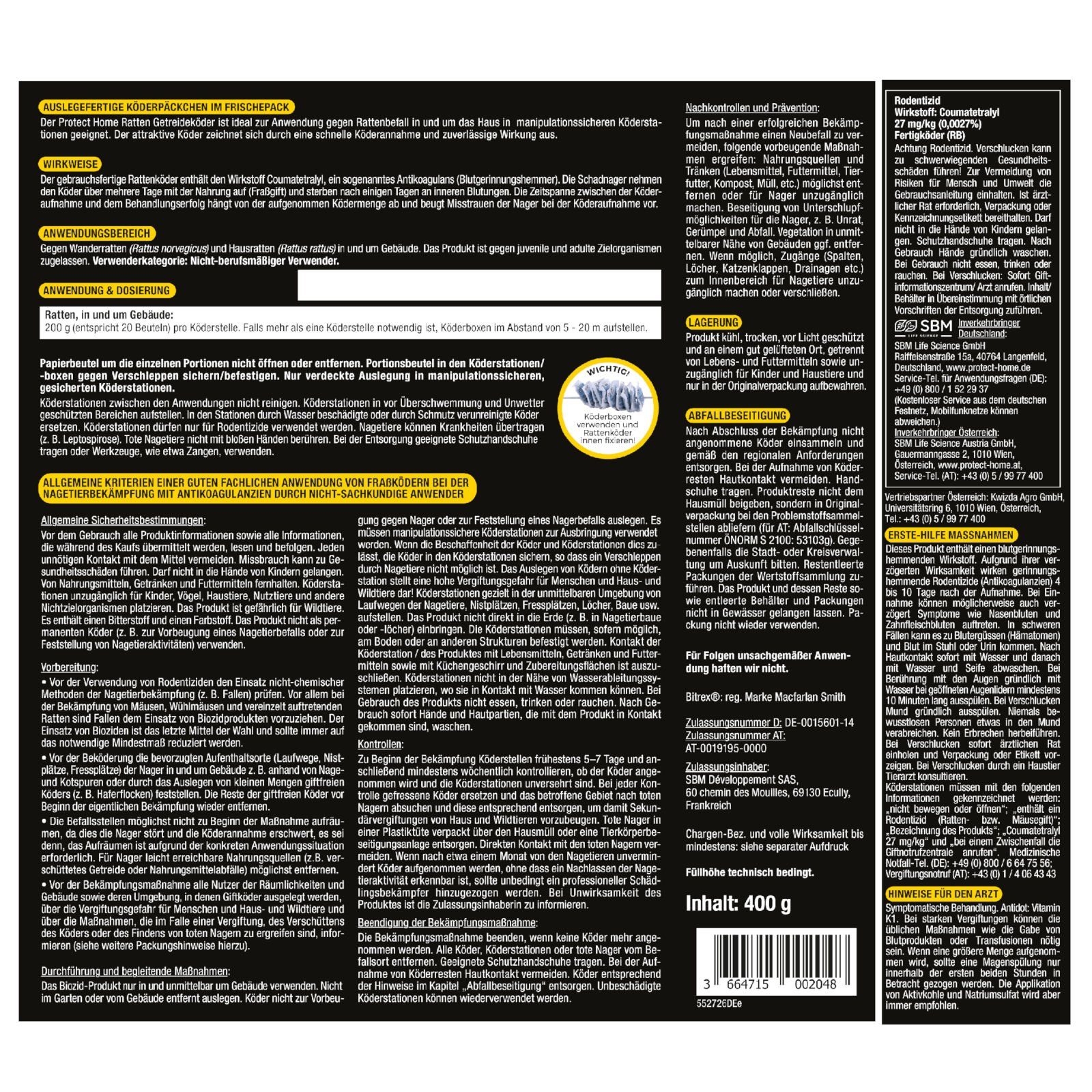 Protect Home Gift-Rattenköder Protect Home Rodicum Ratten Getreideköder - 400 g
