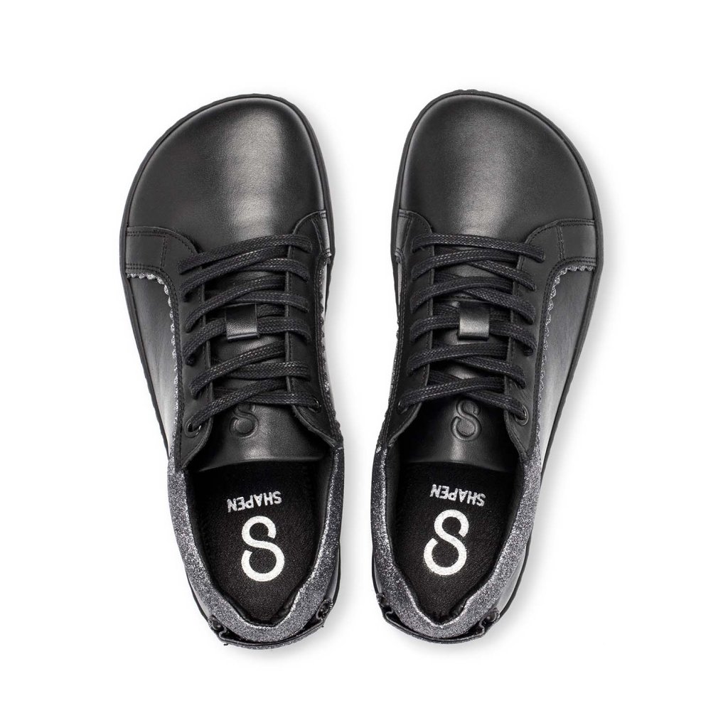 Shapen Feelin Chic Black Glitter Leather Barfuß-Halbschuhe