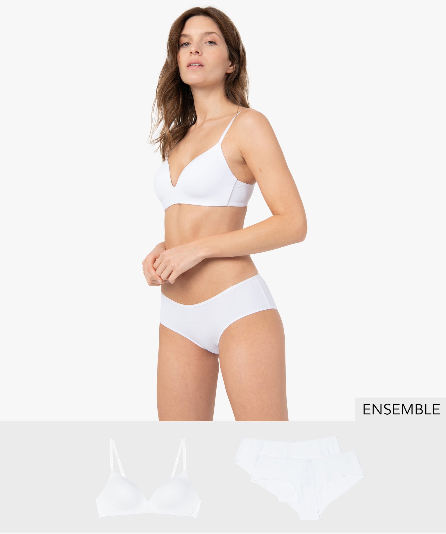 Ensemble de lingerie femme 3 pièces : shorty (lot de 2) et soutien-gorge sans armatures