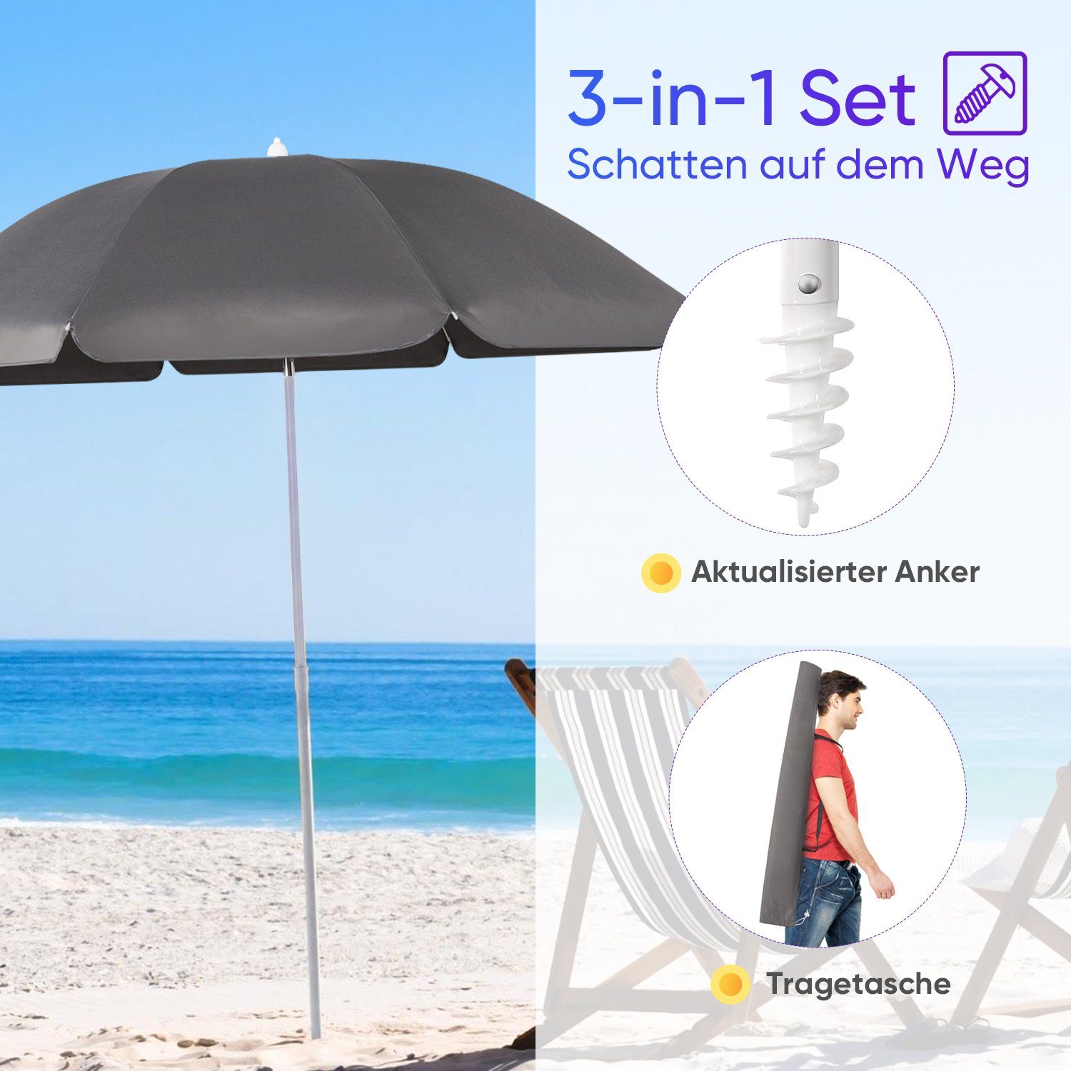 Sekey Sonnenschirm Ø160cm Balkonschirm UPF 50+, mit Tragetasche, mit Ständer / Bodenhülse, Neigungswinkel und Höhe verstellbar,für Balkon, Garten, Terrasse