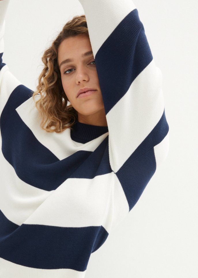 Rundhals-Feinstrickpullover mit Blockstreifen