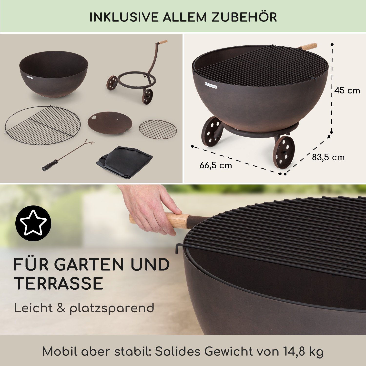 blumfeldt Feuerschale Fireball Egon, (Set), Feuerschale Garten mit Grill Feuerkorb Feuerstelle Outdoor
