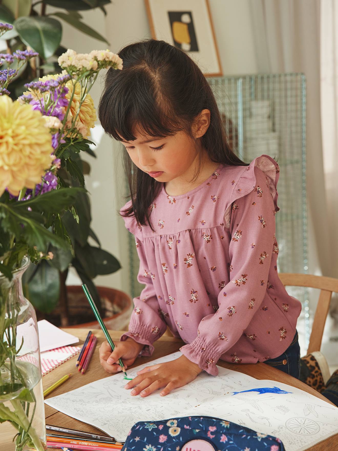 Blouse fleurie fille manches volantées bleu grisé
