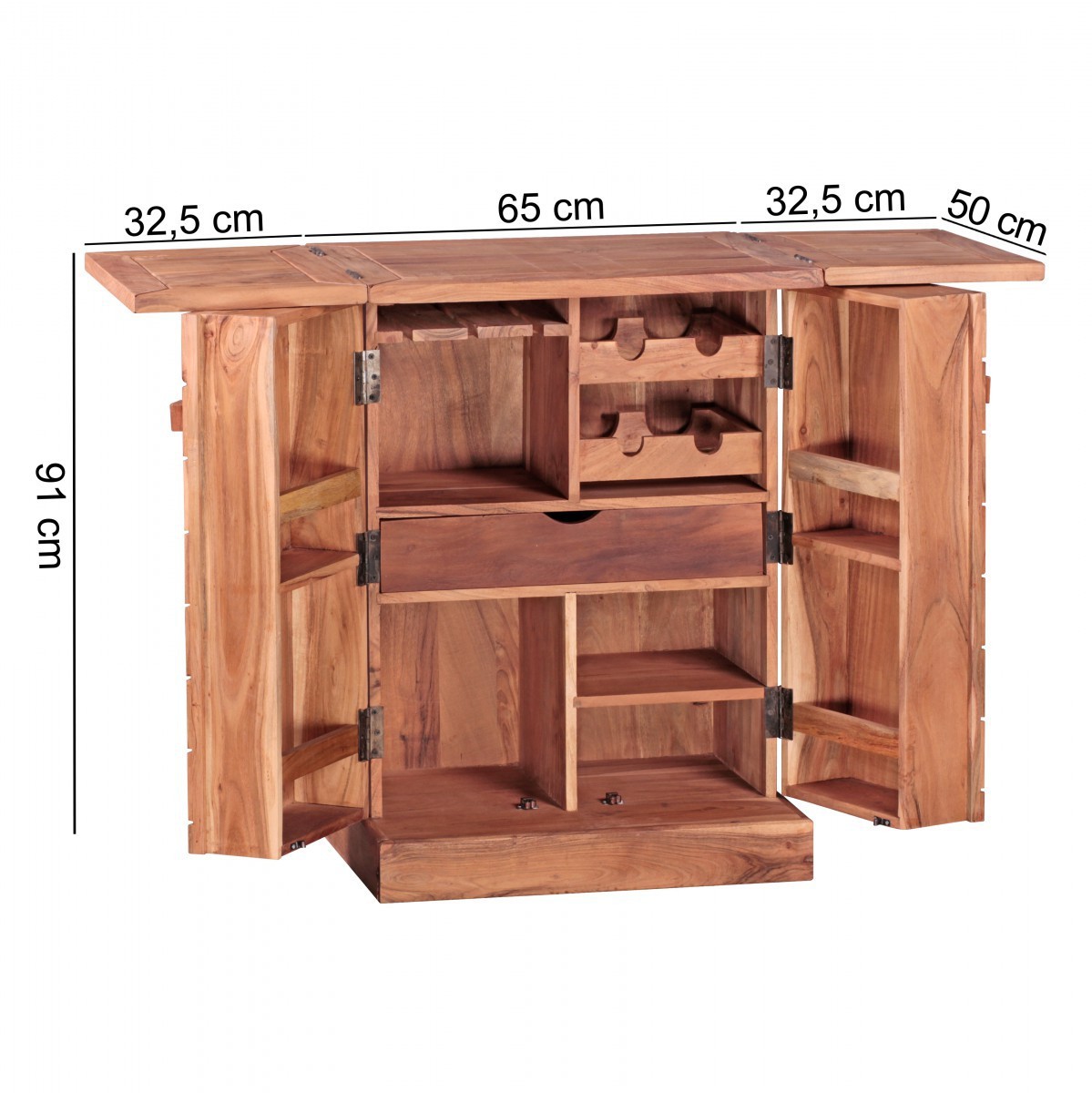 Wohnling Hausbar Massivholz Akazie Weinbar ausklappbar Vitrine Landhausstil Barschrank Aufbewahrung Flaschen Gläser