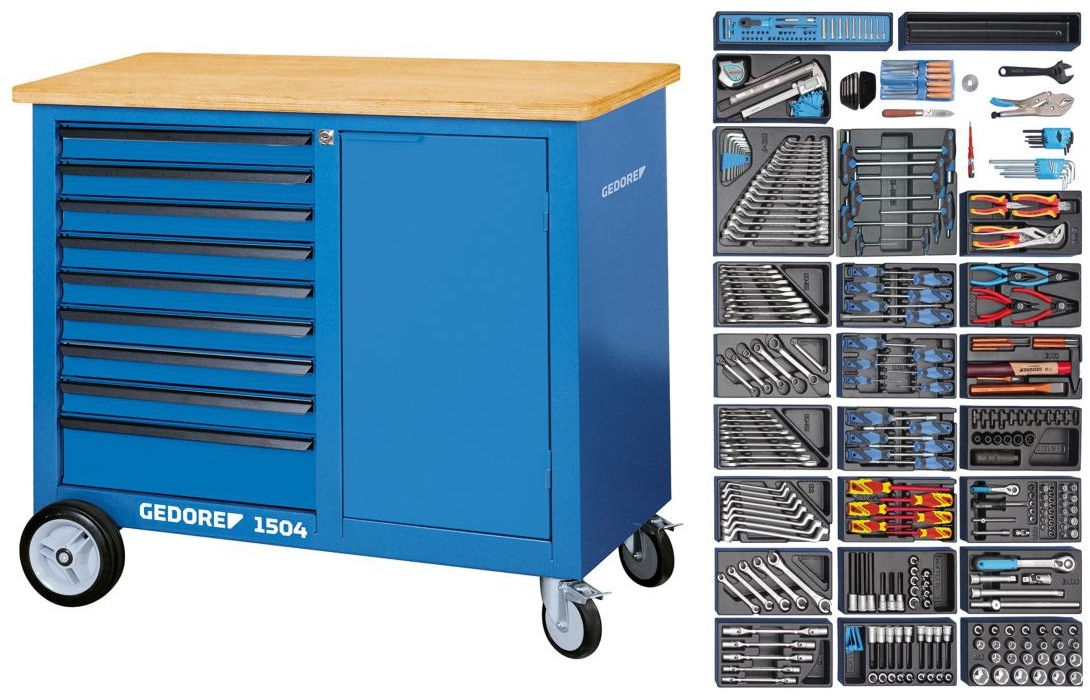Établi mobile Gedore 1873849 1504 0810, 9 tiroirs + coffret d'outils 325 pièces