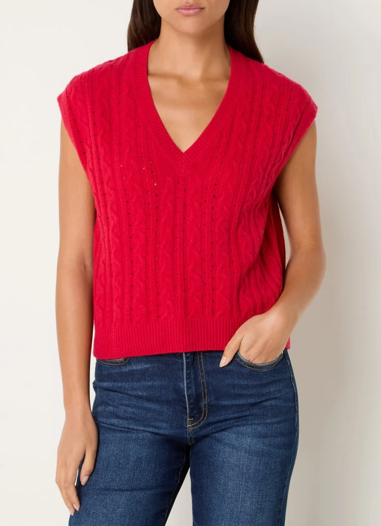 Maglione senza maniche Benetton in misto lana con trecce e scollo a V