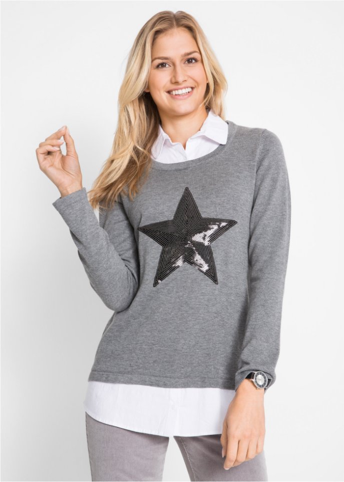 2 in 1 Pullover mit Bluseneinsatz, Langarm