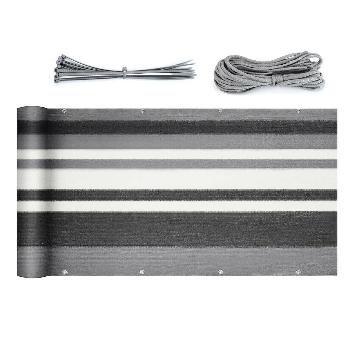 Sekey Balkonsichtschutz HDPE Balkonverkleidung Sonnenschutz für Balkon Sichtschutz ohne Bohren Grau-weiß-schwarz gestreift, mit Aluminiumösen