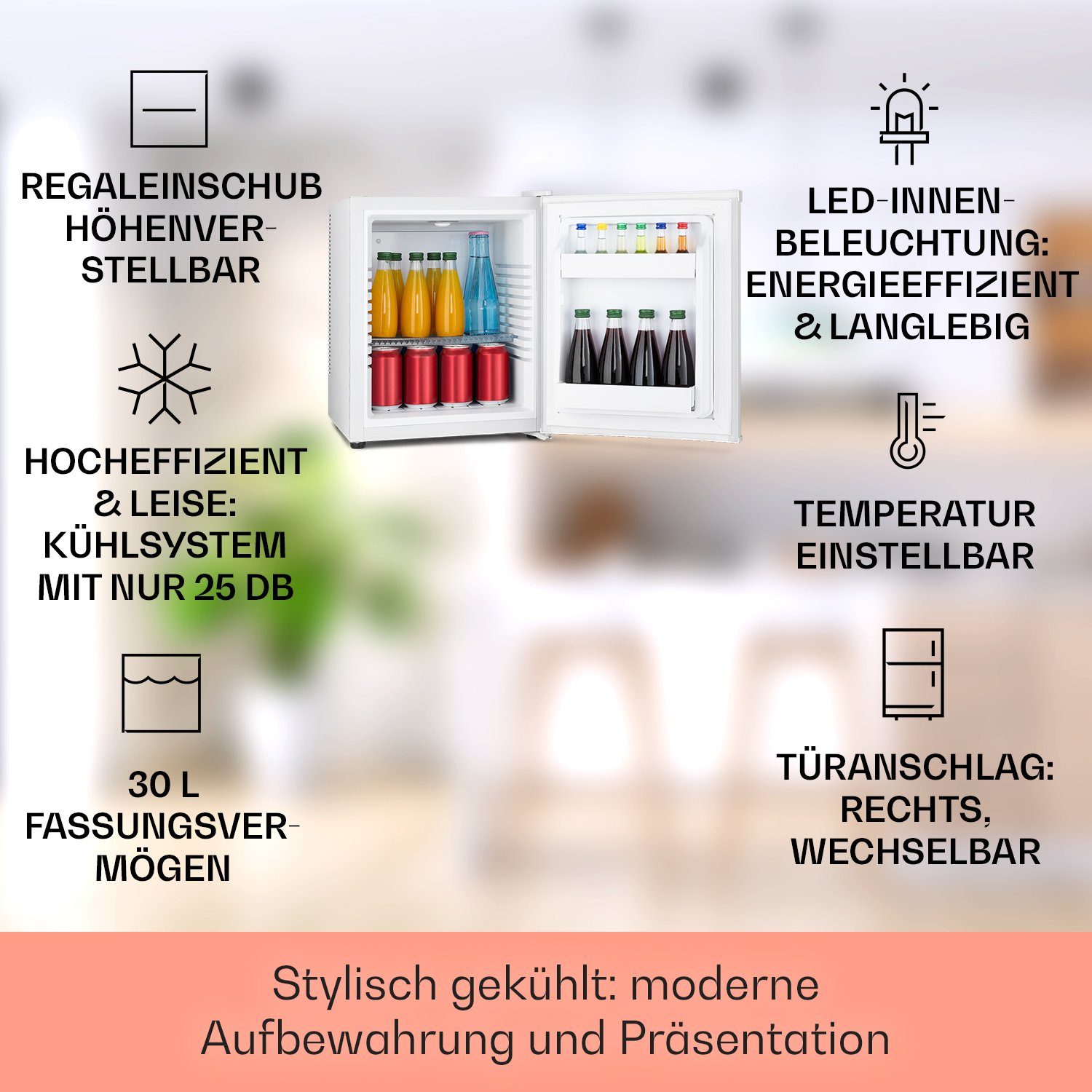 Klarstein Table Top Kühlschrank HEA-HappyHour-24Slb 10035242A, 47 cm hoch, 38 cm breit, Hausbar Minikühlschrank ohne Gefrierfach Getränkekühlschrank klein