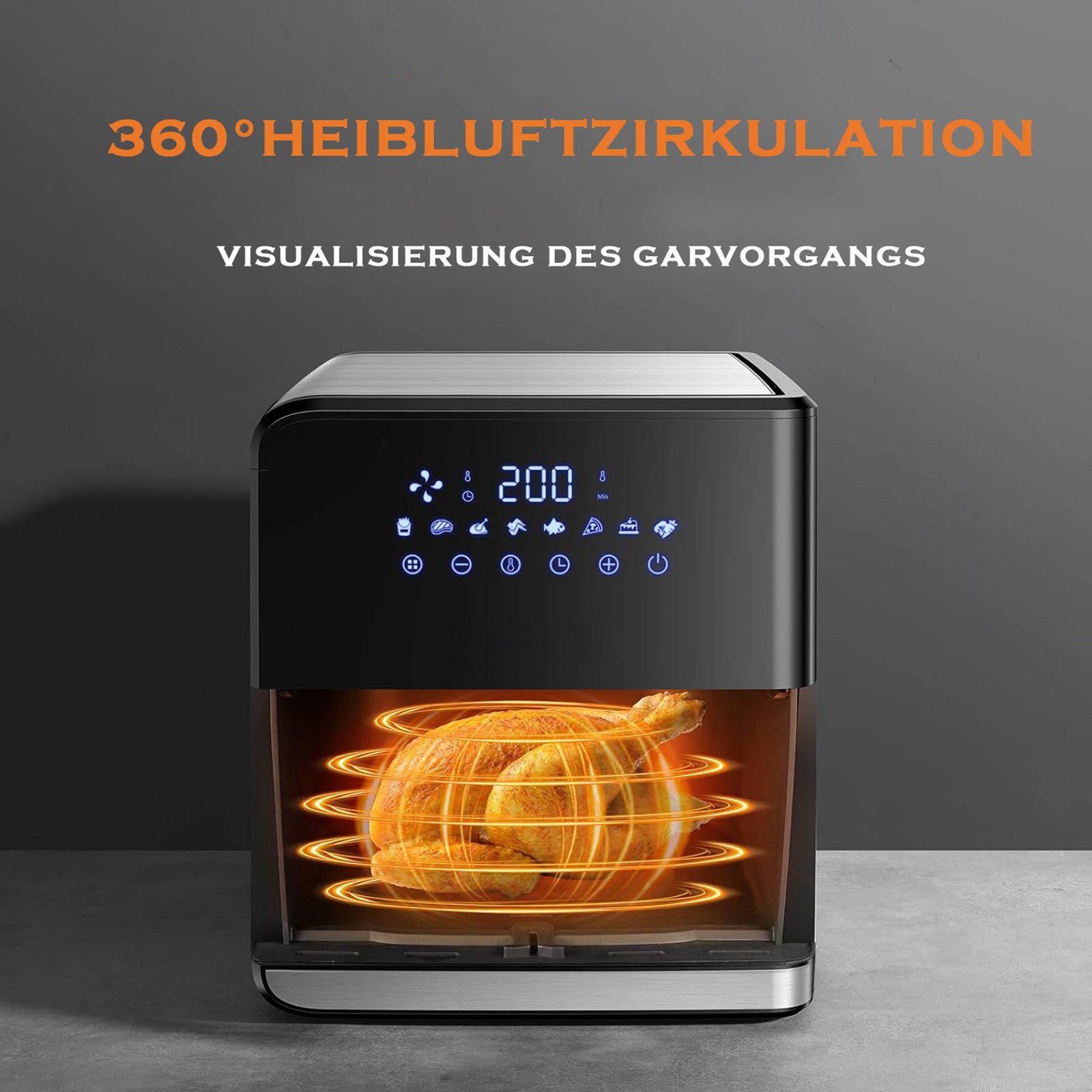 Sinaopus Heißluftfritteuse 7,5L Mini Backofen Airfryer XXL,8 Programmen, LED-Anzeige, 1700,00 W, Einstellbare Temperaturregelung, Sichtbares Sichtfenster