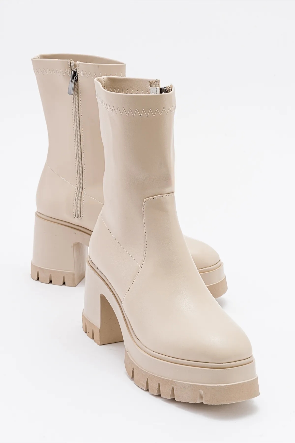 LuviShoes  TARTLE Beige Leder-Damenstiefel mit Plateau-Absatz