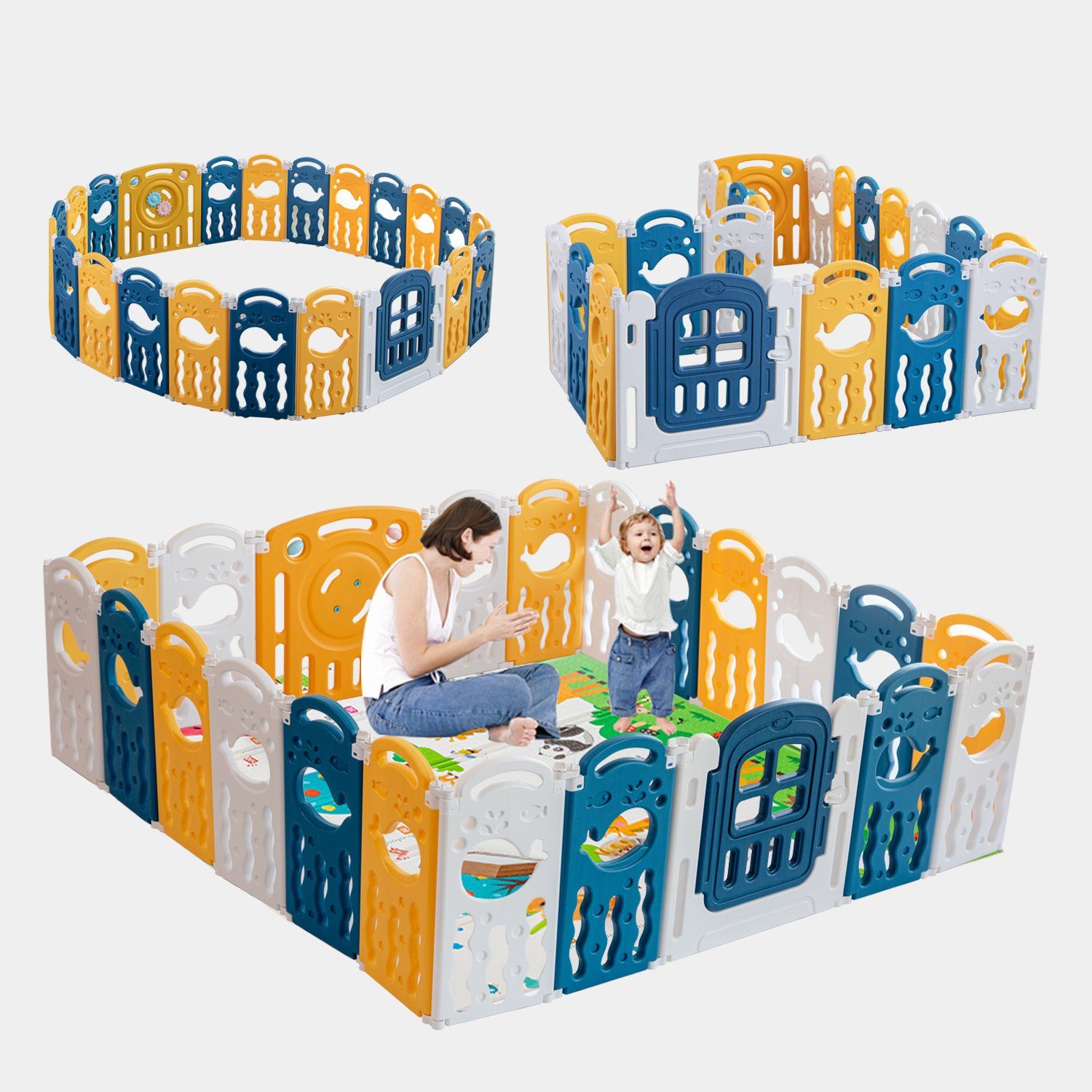 Seven Comfort Laufgitter Zusammenklappbares, vielseitig kombinierbares Kinderschutzgitter (faltbar Absperrgitter mit Rutschfester Basis Krabbelgitter mit Tür), frei kombinierbar, Zusammenklappbar, 60cm, mit Schloss, Spielplatz