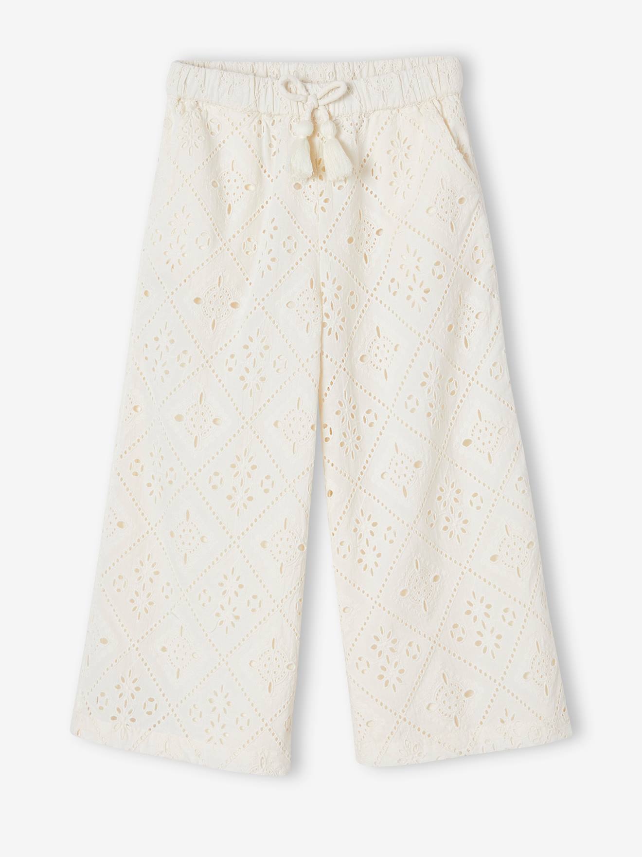 Pantalon large en broderie anglaise fille écru